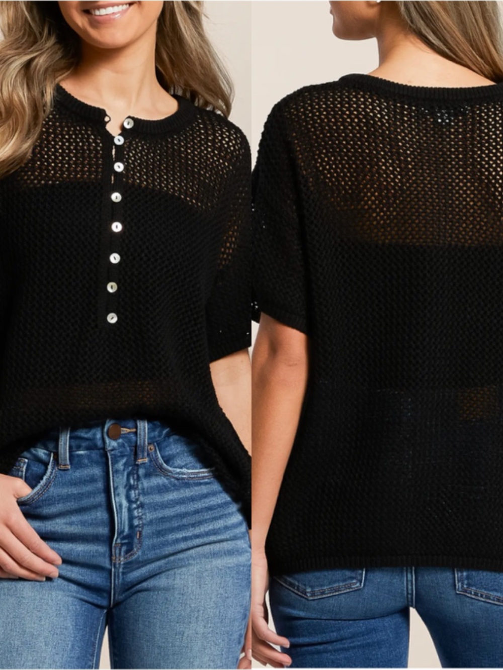 DAVI & DANI Black Open-Knit Short Sleeve Button Henley Shirt